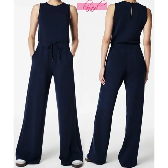 Spanx AirEssentials Sleeveless Jumpsuit Classic Navy Romper Open Back Wide Leg L - Picture 1 of 14